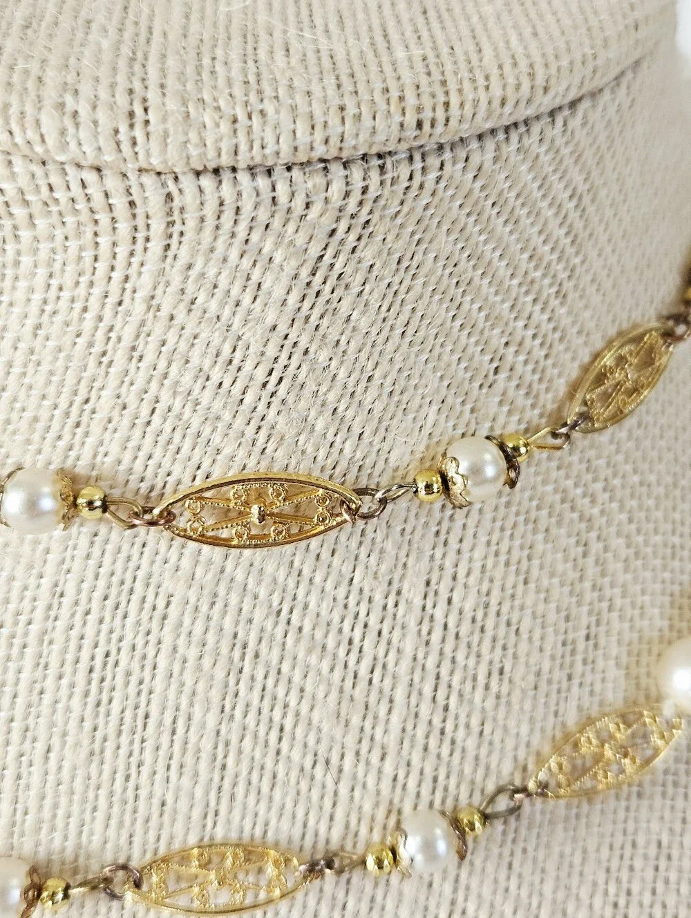 Vintage Faux Pearl Gold Filigree Scrollwork Opera Length Linked Station Necklace